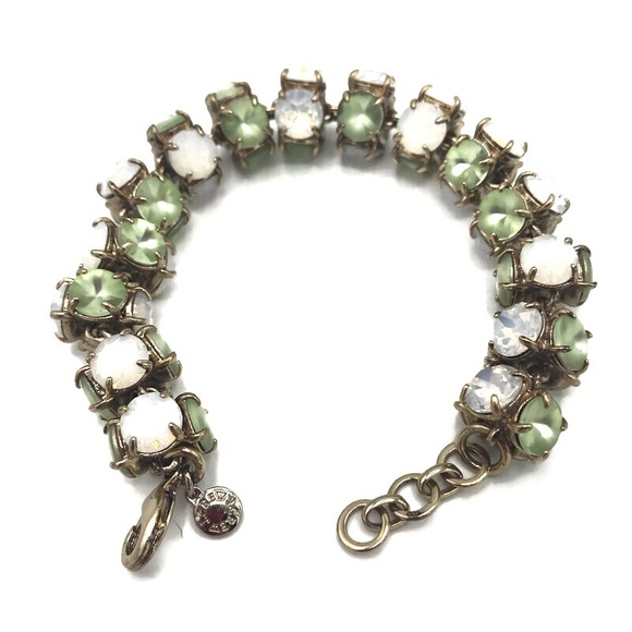 J Crew Tubular Green & White Stone Chain Link Gold-Tone Bracelet - Picture 4 of 6